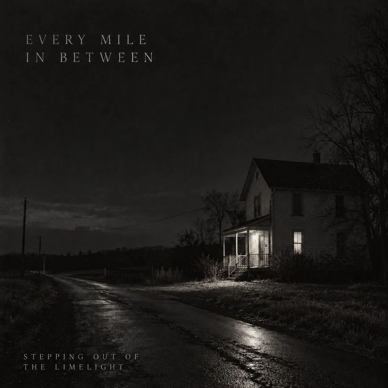 Approved black-and-white cover artwork for Stepping Out of the Limelight, showing a lit farmhouse beside a wet rural road at night.